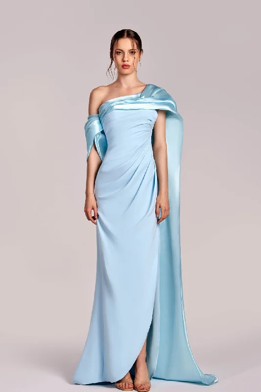 Off shoulder crepe dress with cape Pastel unclassified dresses