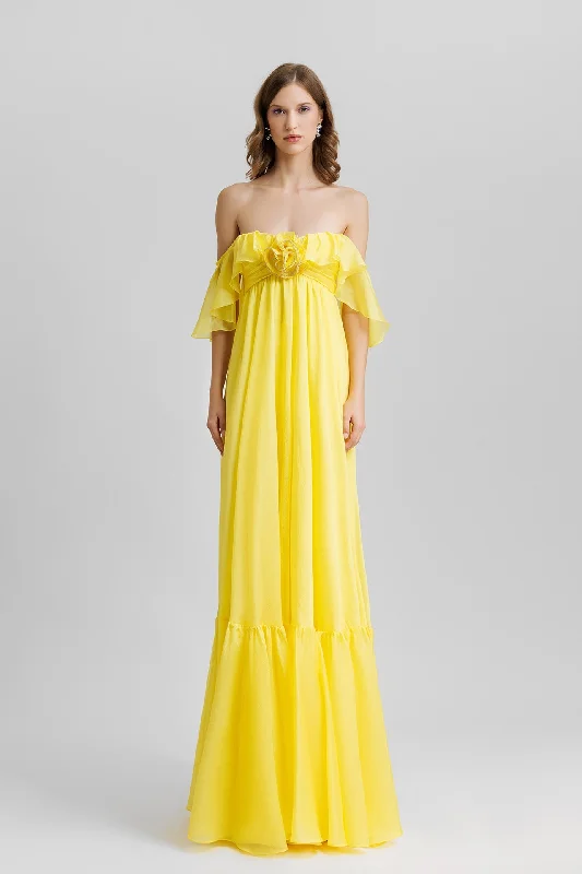 Off shoulder flowy dress yellow Mesh unclassified dresses