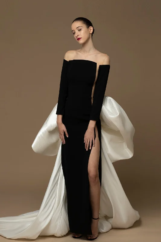 Off shoulder high slit dress featuring back bow train Women's unclassified dresses