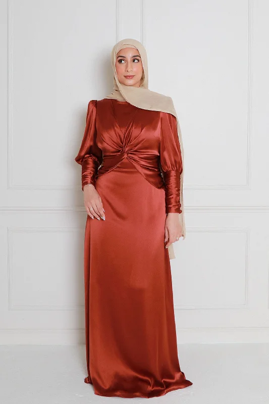 Olivia Wrap Satin Dress- Burnt Orange Off-shoulder unclassified dresses