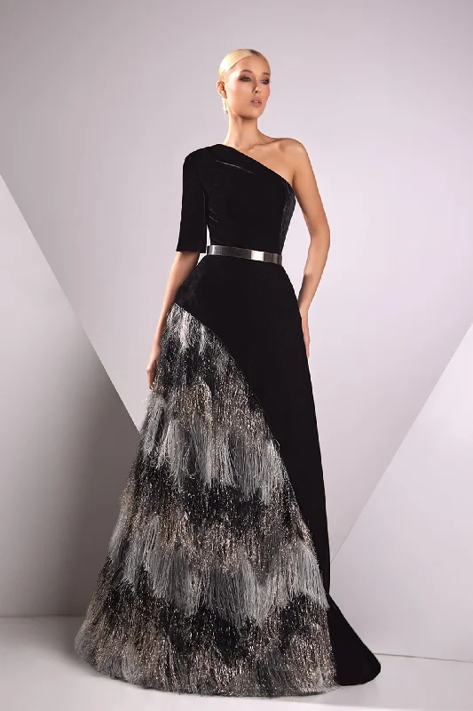 One shoulder velvet dress with feathers Monochrome unclassified dresses