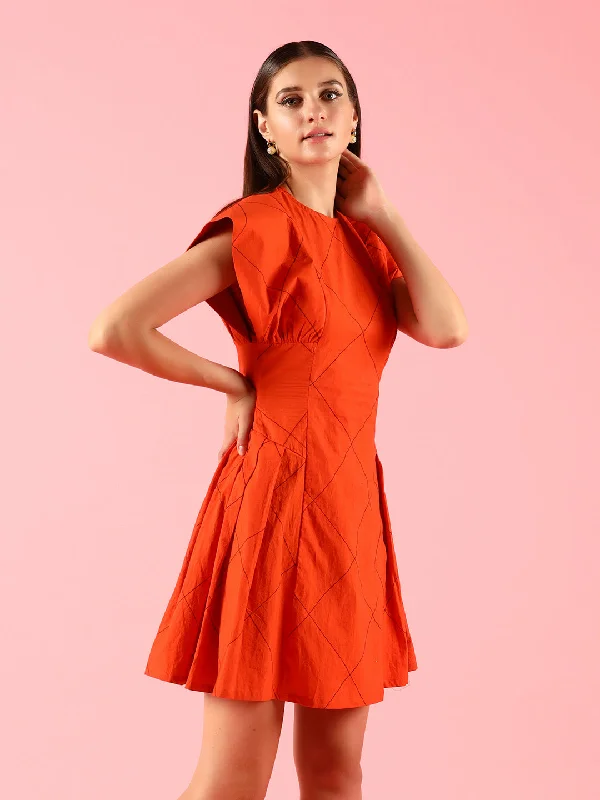 Flared Pleated Solid Orange Dress Casual unclassified dresses