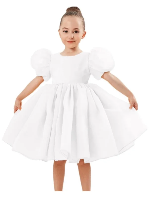 2Bunnies Girls' Organza Puff Sleeve Babydoll Dress in White Striped unclassified dresses