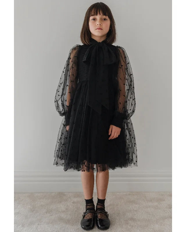 PETITE AMALIE "Enchanted Delight" Black Rose Flocked Mesh Bow Dress Chic unclassified dresses