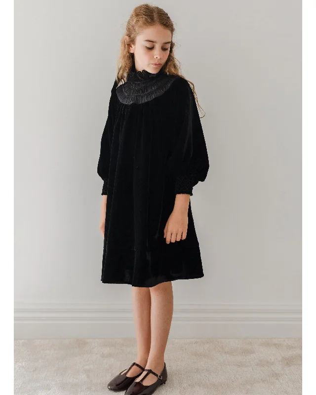 PETITE AMALIE "Enchanted Delight" Velvet Shirred Organza Dress in Black Tiered unclassified dresses