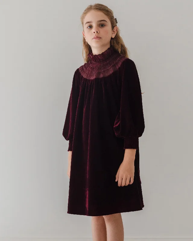 PETITE AMALIE "Enchanted Delight" Velvet Shirred Organza Dress in Burgundy Casual chic unclassified dresses