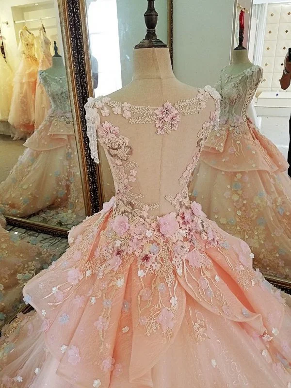 Pink Flowers Round Neckline Sweet 16 Dress, Pink Quinceanera Dress Satin unclassified dresses