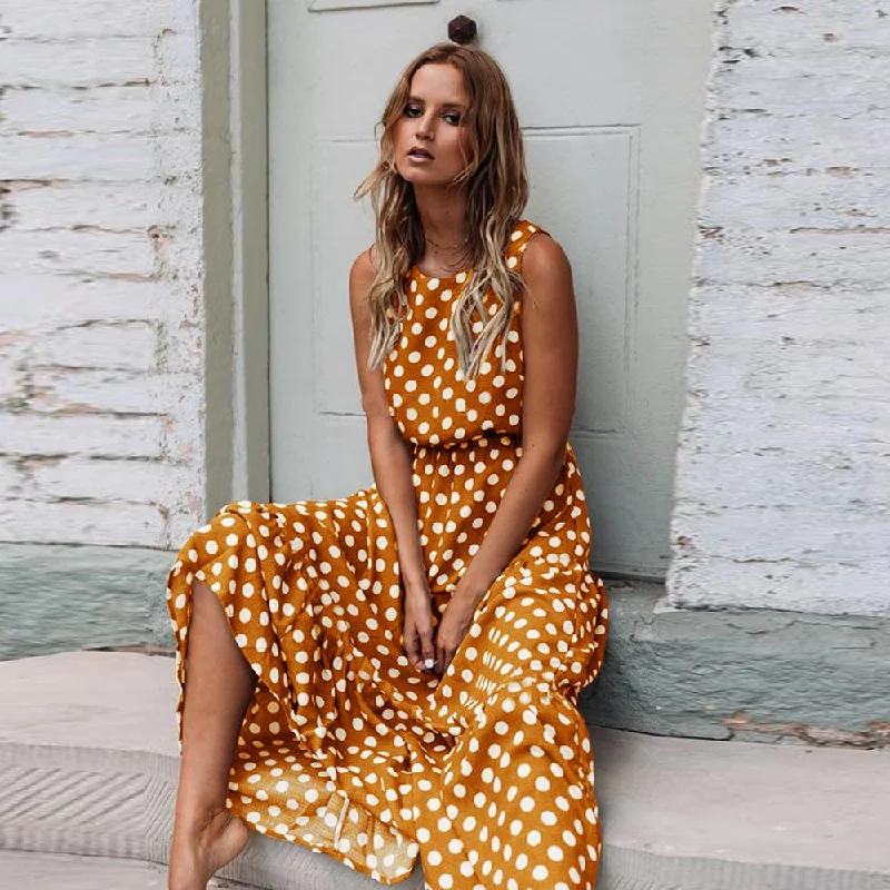 Polka Dot Print Beach Summer Long Dress Boho floral dresses