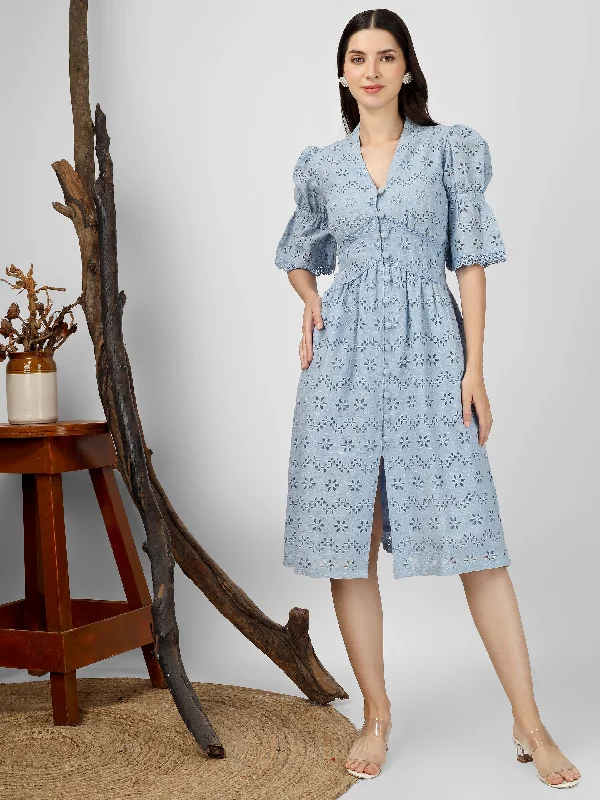 Powder Blue Embroidered Cotton Schiffli Dress Vacation unclassified dresses