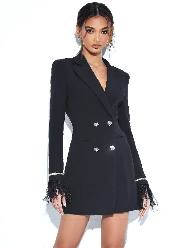 Quilla Black Feather Crystal Sleeve Backless Blazer Dress Chiffon unclassified dresses