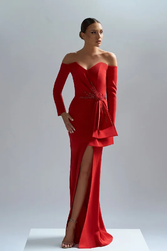 Red crepe gown with embroidery Neutral tone unclassified dresses