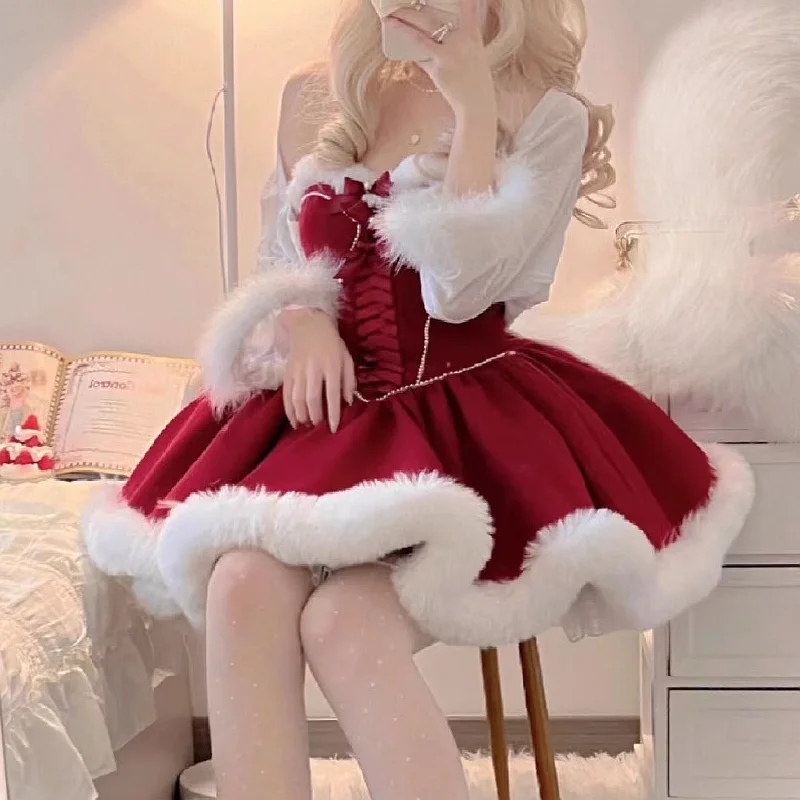 Red Fur Edge Tube Top Christmas Dress Cardigan Set Wrap unclassified dresses