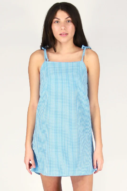 Ribbon Square Neck Dress - Baby Blue Gingham Dark color unclassified dresses