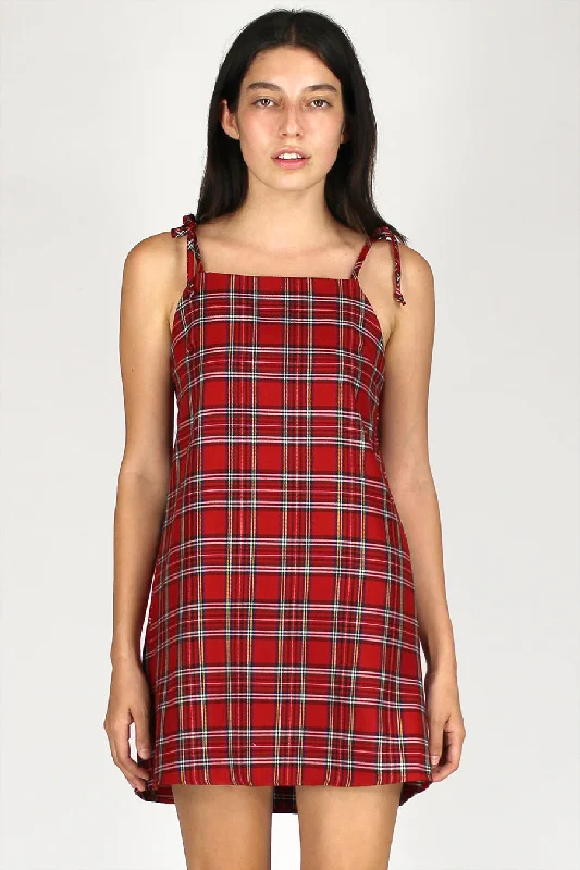 Ribbon Square Neck Dress - Red Plaid Popular unclassified dresses