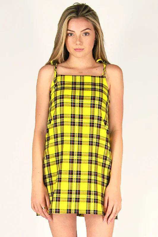 Ribbon Square Neck Dress - Yellow Plaid Embroidered unclassified dresses