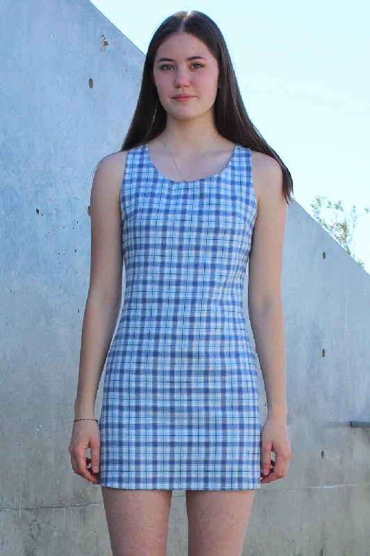 Round Neck Dress - Flannel Blue Plaid Fashionable unclassified dresses