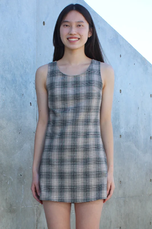 Round Neck Dress - Flannel Green Beige Plaid Discounted unclassified dresses