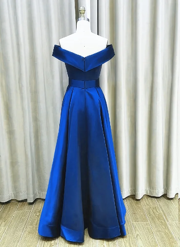 Royal Blue Satin A-line Simple Off Shoulder Prom Dress, Blue Bridesmaid Dress Popular unclassified dresses