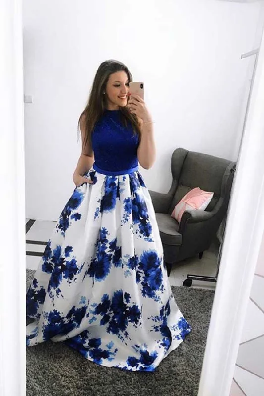 Royal Blue Sleeveless Long Prom Dresses  A-Line Floral Long Satin Evening Dresses N1144 Lightweight floral dresses for hot weather