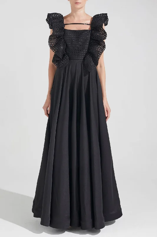 Ruffled shoulders fit and flare gown Dark color unclassified dresses