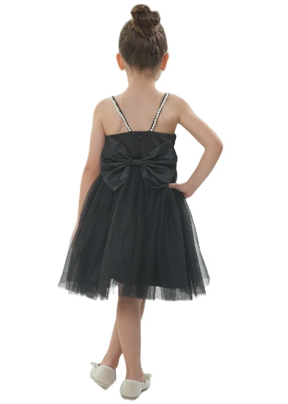 2Bunnies Satin Pearl Strap Bow Girl Dress in Black Ruched unclassified dresses