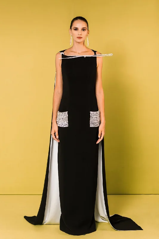 Sleeveless dress with cape and beaded pockets Formal unclassified dresses