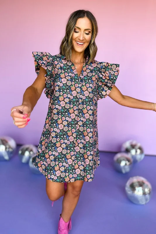 SSYS Floral Print Ruffle Shoulder Poplin Dress Short floral dresses