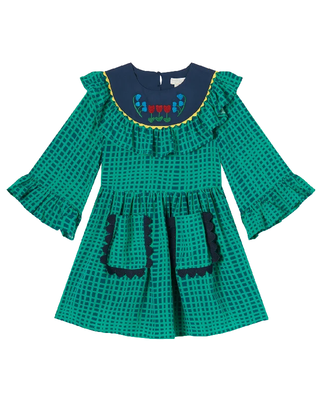 STELLA MCCARTNEY KIDS Green Check Viscose Ruffle Sleeve Dress Women's unclassified dresses