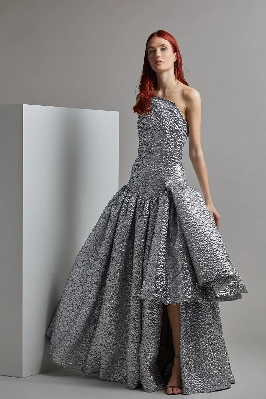 Strapless brocade gown with pleats and ruffles Satin unclassified dresses