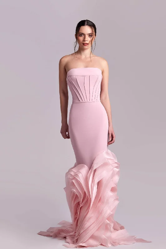 Strapless crepe dress with organza ruffles Striped unclassified dresses