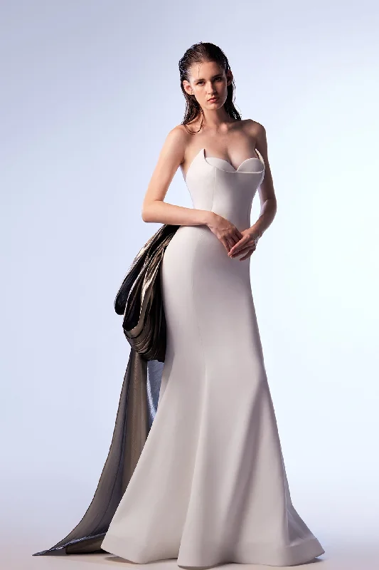 Strapless gown with metallic satin train Embroidered unclassified dresses