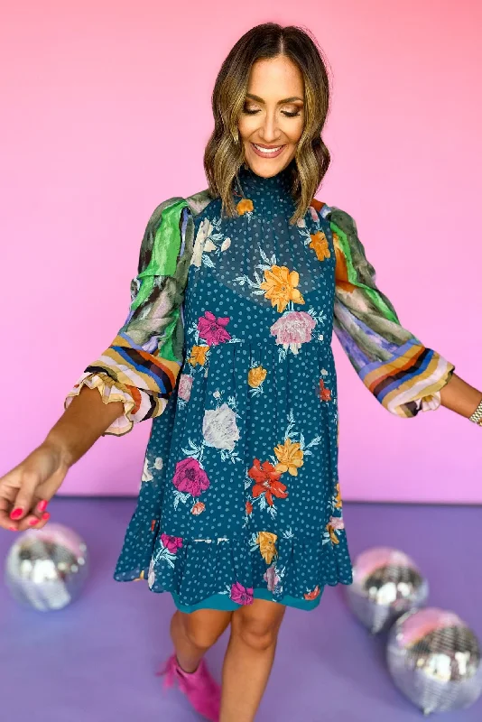 Teal Floral Print Tie Neck Long Sleeve Dress Casual floral dresses