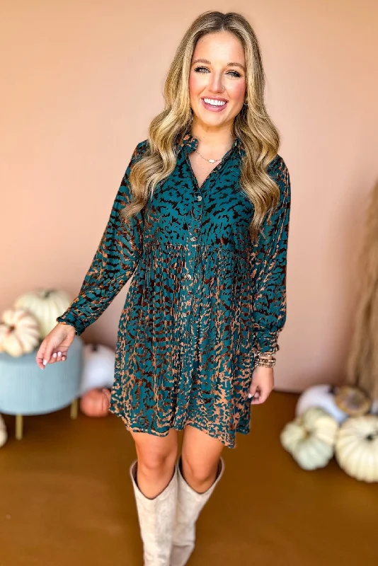 Teal Green Velvet Animal Print Button Front Babydoll Dress Wedding floral dresses