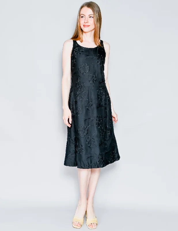 TIBI Vintage Y2K Embroidered Black Sleeveless Dress (6) Smocked unclassified dresses