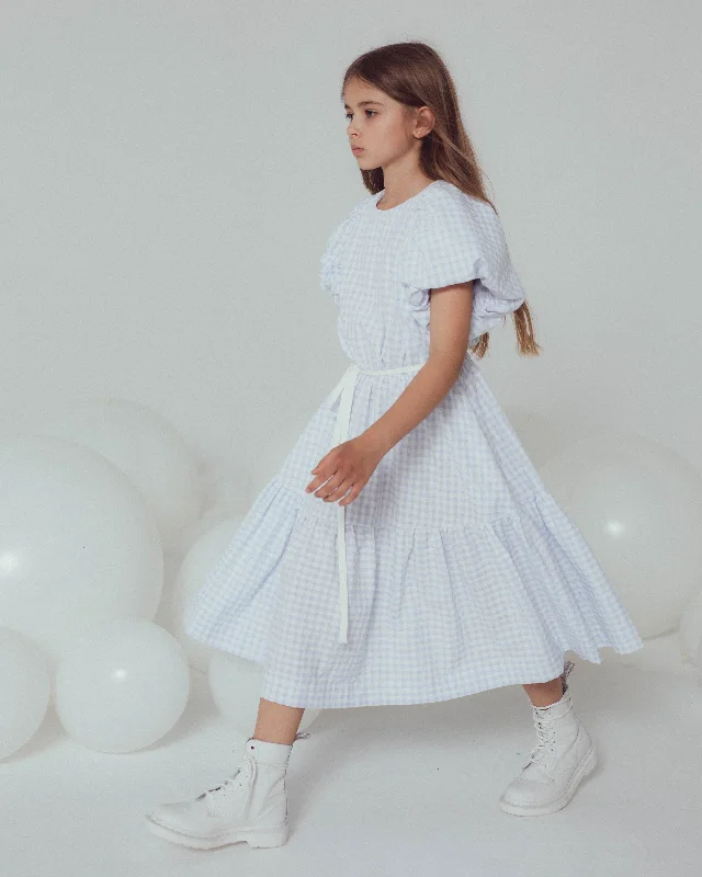 UNLABEL SS24 Mark Puffy Sleeve Dress in Sky Blue Checks Plus size unclassified dresses