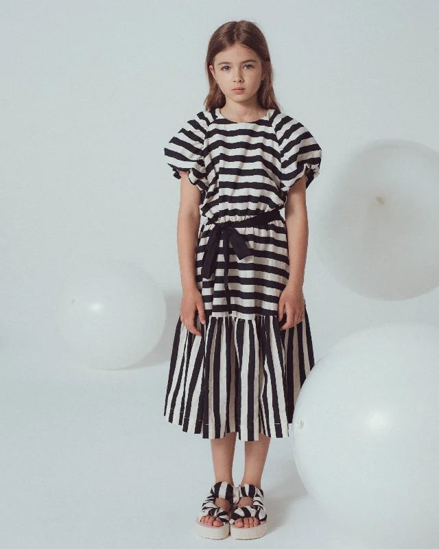 UNLABEL SS24 Zoey Puffy Sleeve Dress in Milk and Black Stripe Tulle unclassified dresses