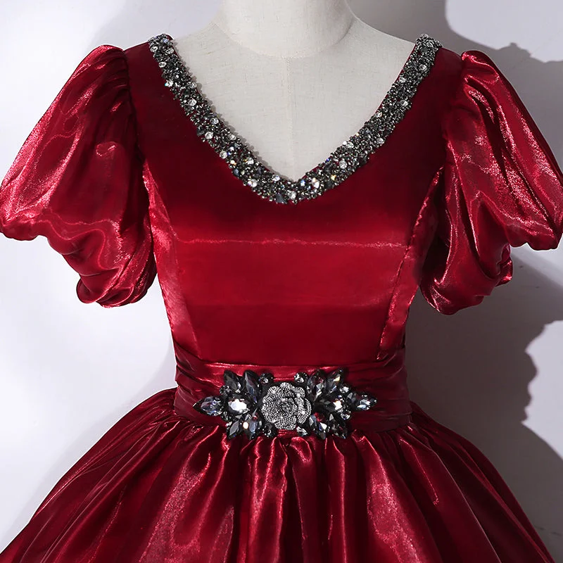 Wine Red V-neckline Beaded Ball Gown Prom Dress, Wine Red Sweet 16 Dress Smocked unclassified dresses