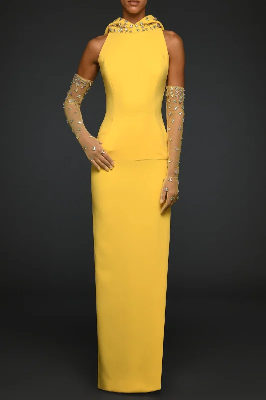 Yellow dress with embroidered hoodie and gloves Off-shoulder unclassified dresses