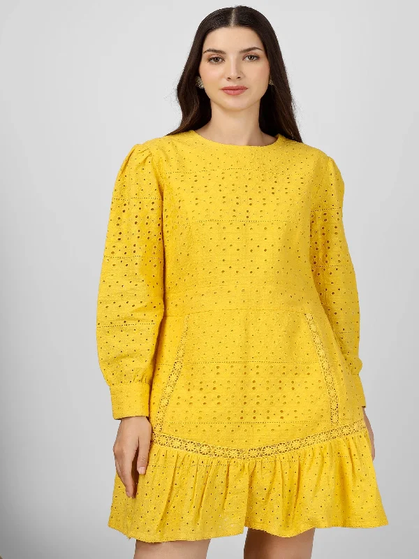 Yellow Embroidered Cotton Schiffli Dress Lace unclassified dresses