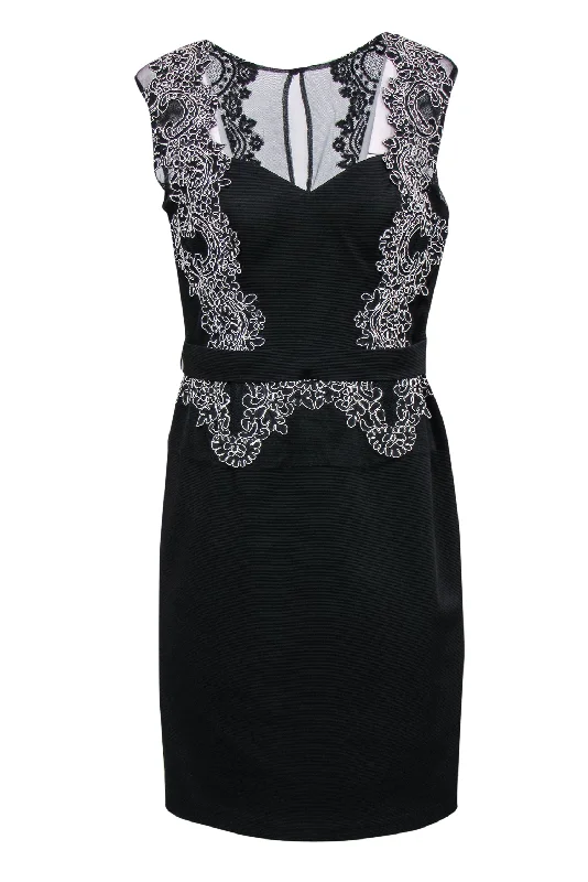 Aidan Mattox - Black Textured Sheath Dress w/ Mesh & White Lace Sz 12 Lace Dress Glam