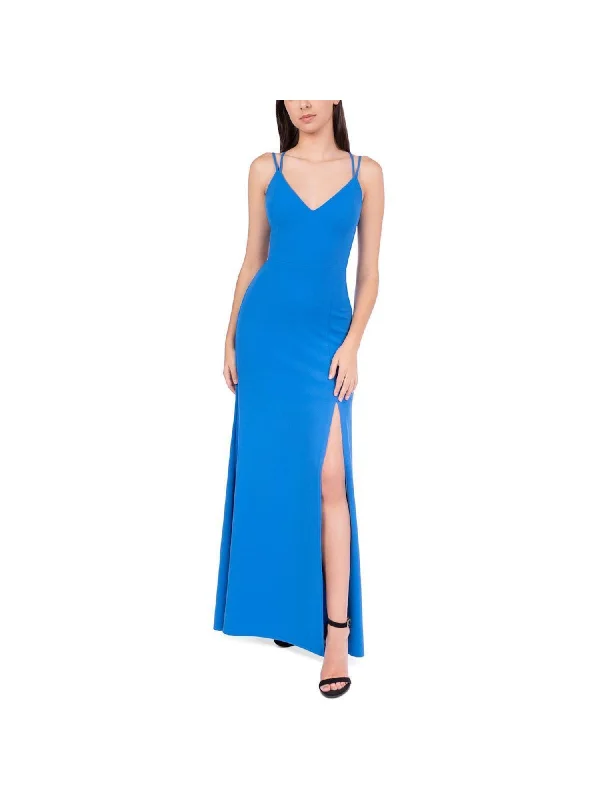 B DARLIN Womens Blue Zippered Lined Lace-up Open Back Thigh-hi Slit Spaghetti Strap V Neck Full-Length Formal Gown Dress Lace Mini Dress