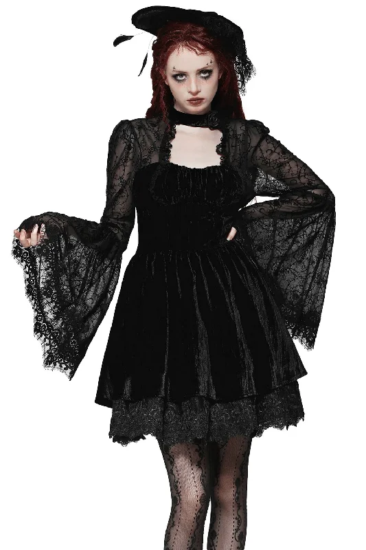 Chic Lace Detailed Gothic Dress with Flared Sleeves Lace Bodycon Dress