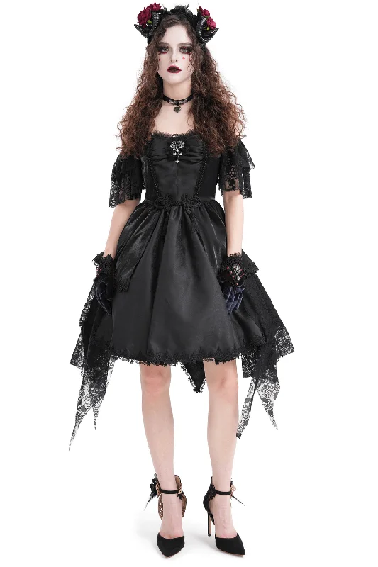 Elegant Gothic Lace Dress with Skulls and Tiered Layers Lace Wedding Dress