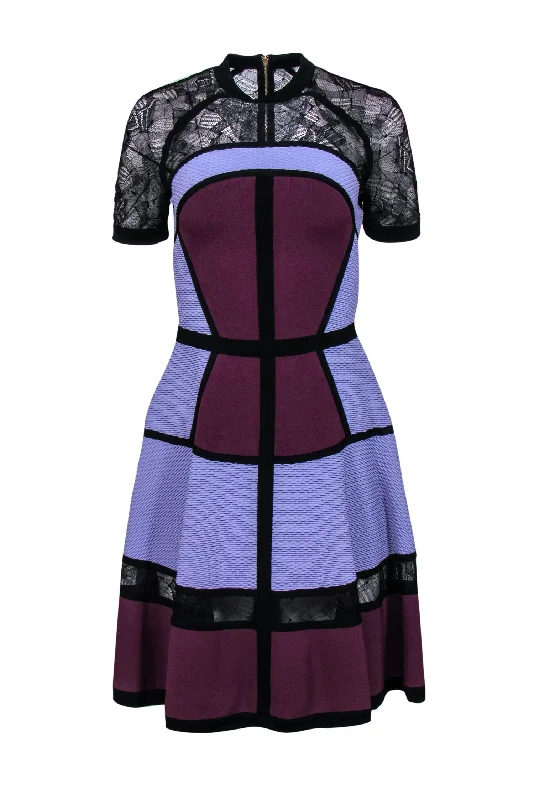 Elie Saab - Purple Textured Paneled A-Line Dress w/ Lace Sz 6 Lace Dress Classic