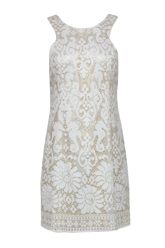 Lilly Pulitzer - White Lace "Largo" Dress w/ Gold Accents Sz 8 Lace Dress Sparkle