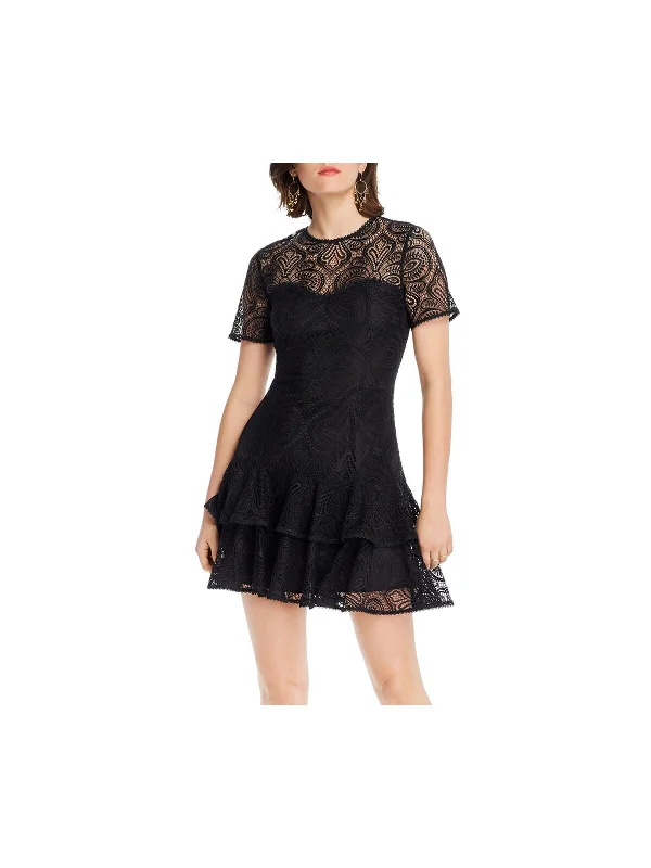 LINI Womens Black Lace Illusion Neckline Short Evening Fit + Flare Dress Lace Gown Style