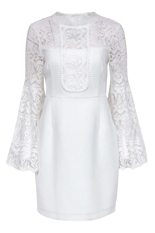 Nanette Lepore - White Lace Paneled Bell Sleeve "Dancer" Sheath Dress Sz 8 Lace Dress for Women