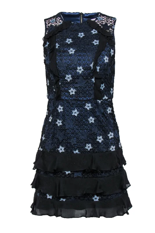 Parker - Navy, Light Blue & Black Star Lace Ruffled Sheath Dress Sz 0 Floral Lace Dress