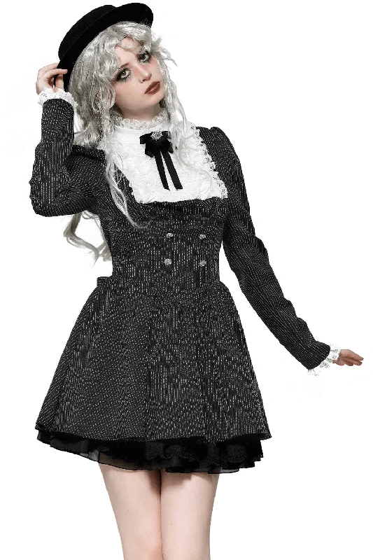 Pinstripe Gothic Dress with Lace Ruffle and Bow Details Long Sleeve Lace Dress