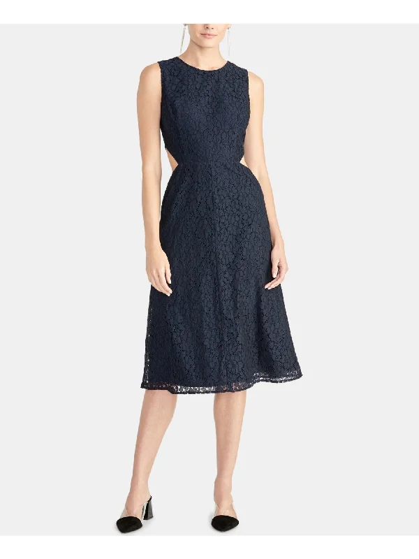 RACHEL ROY Womens Navy Belted Lace Floral Sleeveless Crew Neck Above The Knee Shift Dress Lace Dress Sparkle